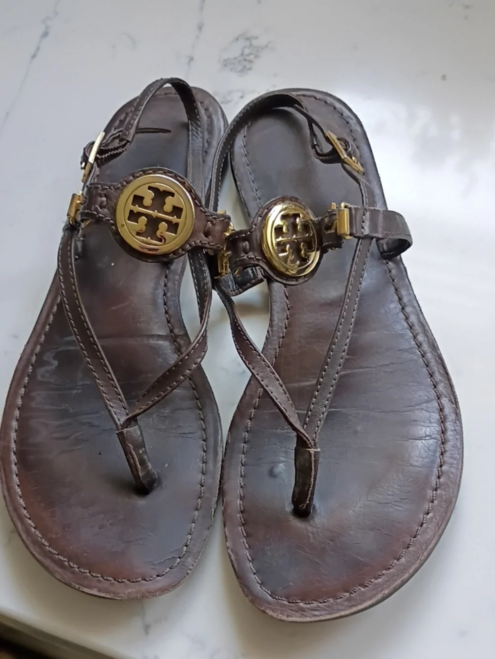 Tory Burch Brown Leather Sandals with Gold Logo Medallions